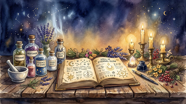 Watercolor background of wizard study table with dried flowers and potions with copy space