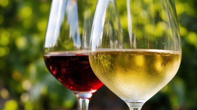 Close up of red and white wine glasses with vineyard background for celebration and relaxation