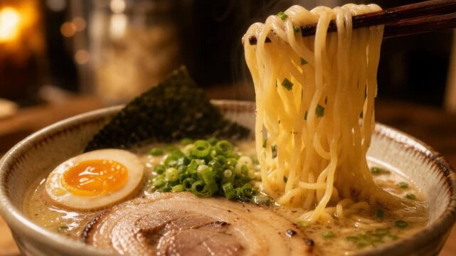 Delicious steaming bowl of traditional Japanese ramen with noodles pork egg and green onions