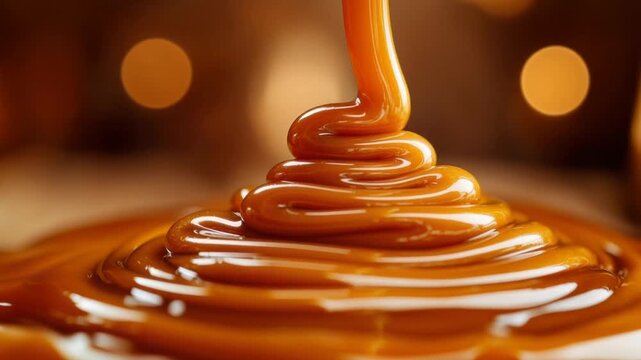Close up of creamy caramel sauce being poured in smooth layers with warm golden tones