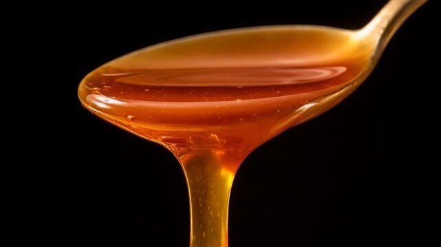 Close up of golden honey dripping from a spoon on black background with smooth texture and rich color