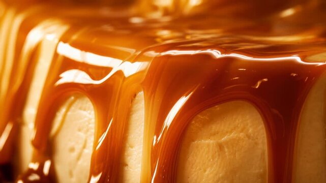 Close up of creamy caramel sauce dripping on rich dessert for sweet indulgence and dessert lovers
