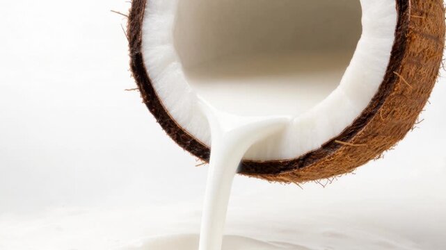Fresh natural coconut milk pouring from cracked coconut on white background for healthy cooking