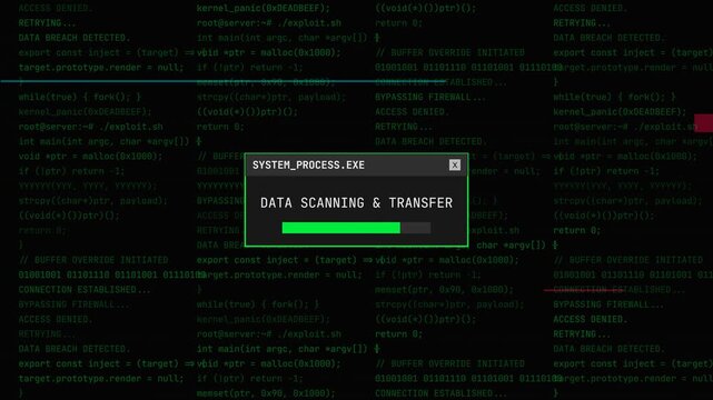 Hacking terminal interface with scanning progress bar and red database breach fatal error alert popup for cyber security.