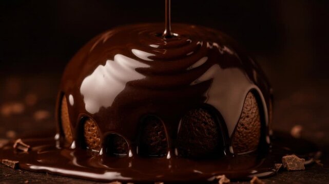 Delicious chocolate cake covered with rich glossy melted chocolate sauce on dark background