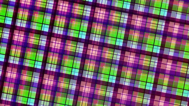 Vibrant, diagonal tartan moire pattern with overlapping squares in shades of green, purple, pink, and yellow, creating a mesmerizing visual texture.