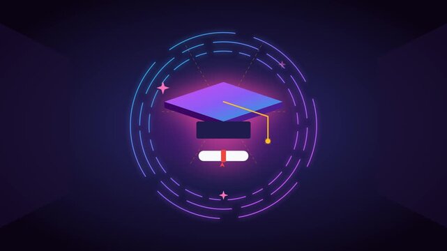 Futuristic Neon Graduation Cap and Diploma Digital Education Animation