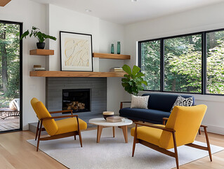 Fototapeta premium Cozy mid-century living room with yellow chairs and a dark blue sofa
