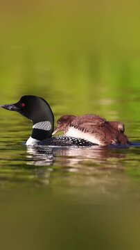 Common loon parent carrying a small fluffy chick on its back while gliding slowly through calm green lake water in this high resolution animal motion footage