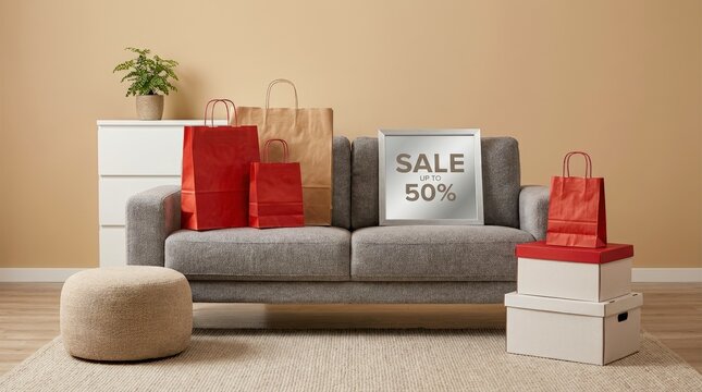 Sofa decorated with shopping bags and sale sign for retail promotion.