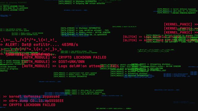 Digital Terminal Screen Hacking Code with Red System Error Fragments and Data Breach Alert Flickering for Cyber Overlay