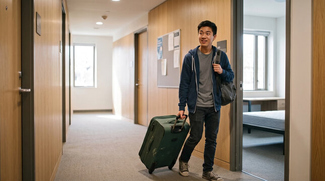 Young Asian male university student arriving at modern dormitory. Freshman walking down hallway with green suitcase and backpack entering his new room. College housing and education concept