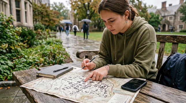 Female university freshman carefully navigating a campus map on a wooden bench. Student exploring college grounds on a rainy day with smartphone and notebook nearby