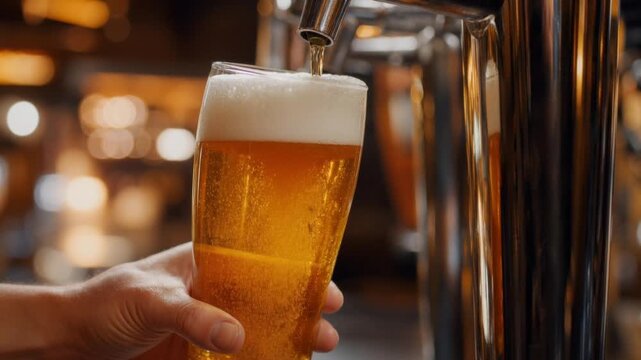 Refreshing golden beer being poured into a glass with foam in a lively bar setting