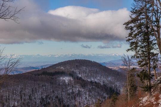 vista panoramica su di un ambiente naturale in inverno che si estende dalle montagne e le colline della Slovenia occidentale fino alla pianura e le distanti Alpi in Italia, in Friuli Venezia Giulia