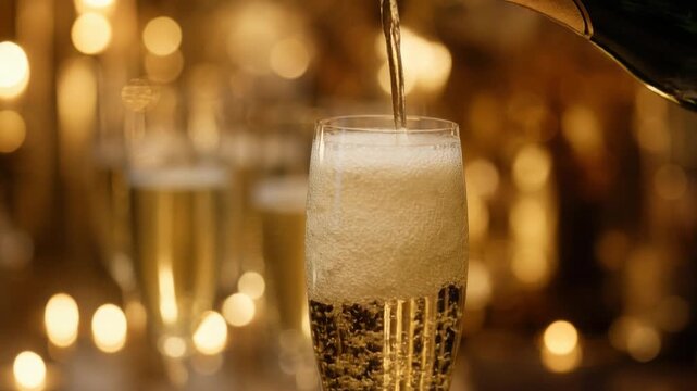 Close up of champagne being poured into glass with golden bokeh lights festive celebration