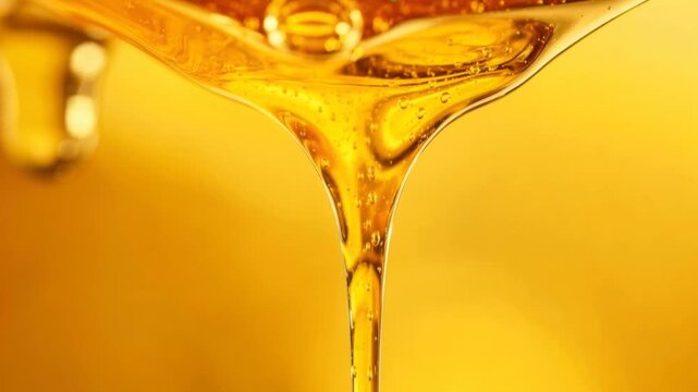 Close up of golden honey dripping with rich texture and natural sweetness on yellow background
