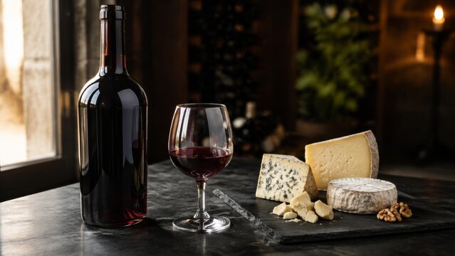 Bottle of port with cheese in warm sunset light with close detail composition for commercial use