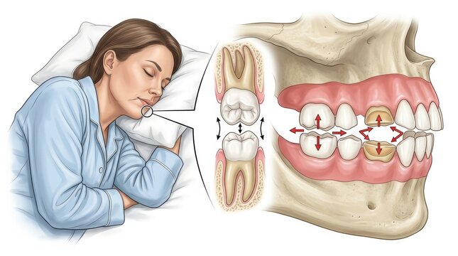 Woman sleeping with illustration of teeth grinding and dental wear