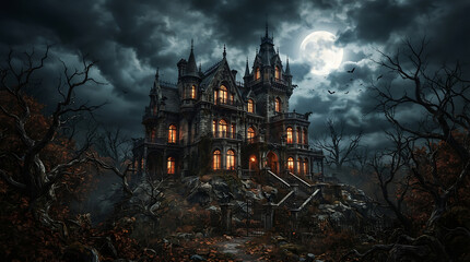 Obraz premium Spooky haunted mansion on a hill under a full moon with dark clouds and bare autumn trees