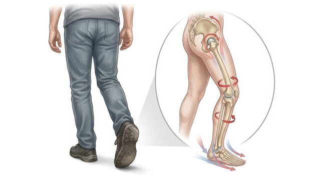 Anatomical illustration of human leg bones and joint movement during walking