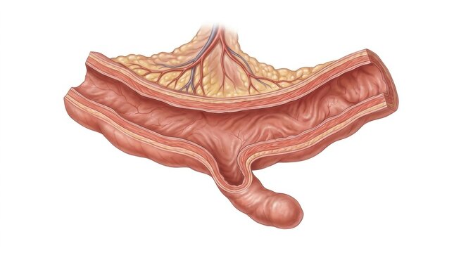Anatomical illustration of a diverticulum in the intestinal wall