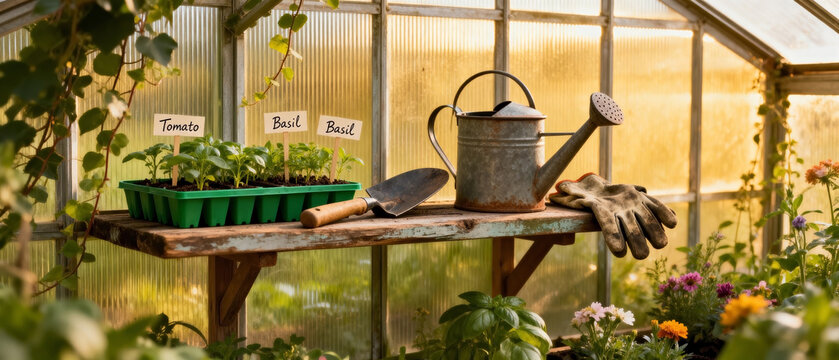 Gardening tools and seedlings on a wooden shelf in a greenhouse. Watering can, trowel, and gloves illuminated by warm filtered sunlight