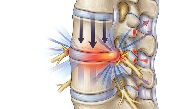 Illustration of a herniated disc compressing spinal nerves causing pain and inflammation