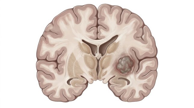 Illustration of a human brain coronal section showing a tumor