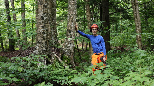 man in forest with chainsaw leaning on tree