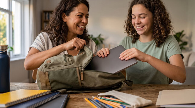Smiling mother and teenage daughter packing school backpack together at home. Family preparing for the first day of school by putting a laptop and supplies into a bag