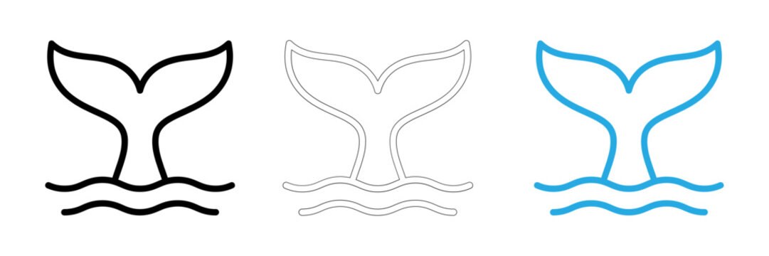 Set of three stylized whale tail icons with water waves isolated on a white background
