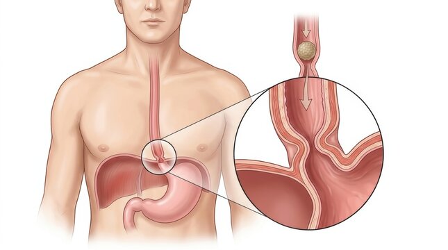 Diagram illustrating a hiatal hernia with a food bolus stuck in the esophagus