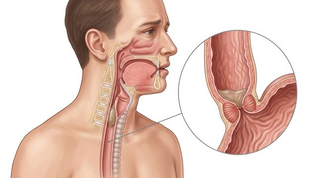 Medical illustration of a hiatal hernia affecting the esophagus and stomach