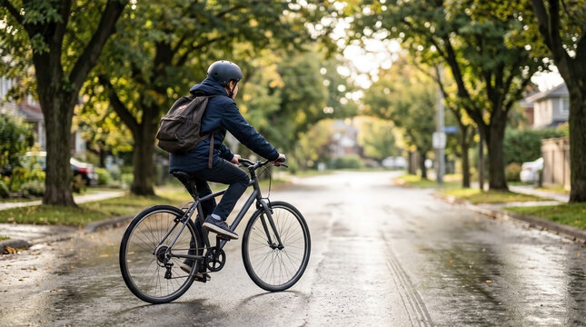 Teenage boy with backpack riding a bicycle on a tree-lined street. Student wearing a helmet cycling to school on a wet road in the morning. Active lifestyle and transportation
