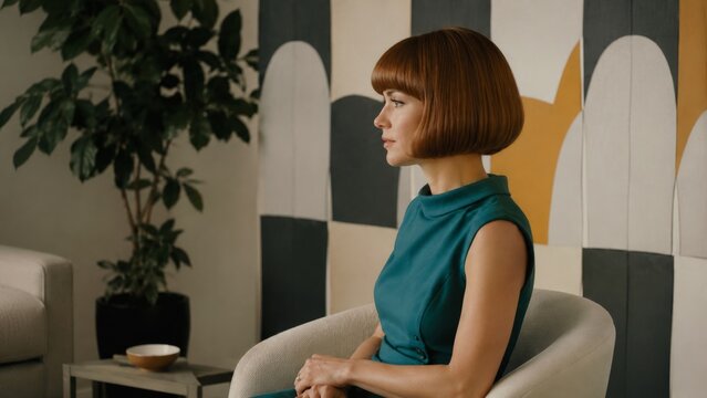 Woman with pageboy haircut in soft cinematic light with symmetrical studio composition in focus