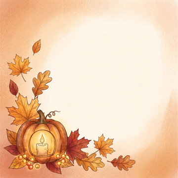 Halloween 2026 glowing pumpkin candle with autumn leaves