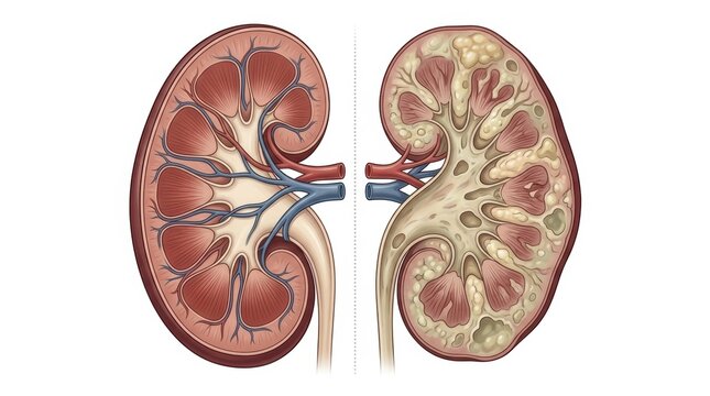 Comparison of a healthy kidney cross-section with a diseased kidney