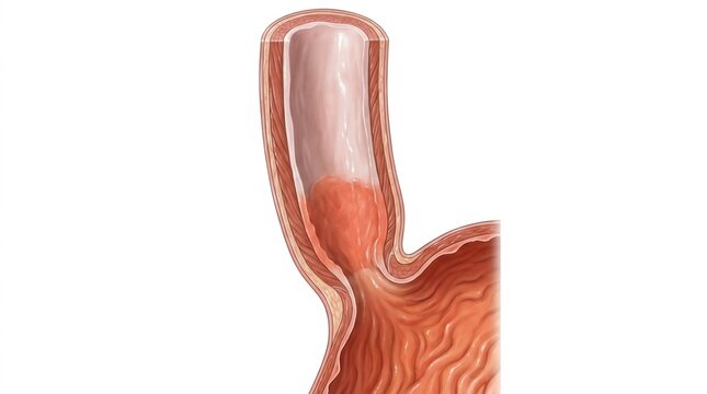 Illustration of a hiatal hernia bulging into the esophagus from the stomach