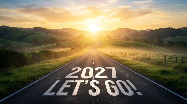 2027 New Year Motivation Road Sign with Sunrise and Mountain Landscape