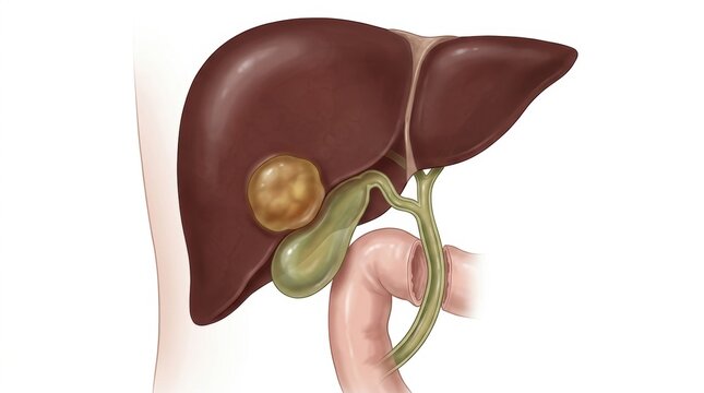 Illustration of a human liver with a gallstone and bile duct