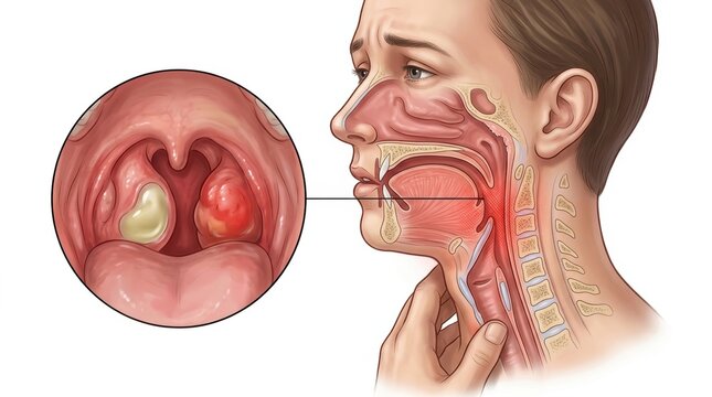 Medical illustration of tonsillitis with inflamed tonsils and exudate