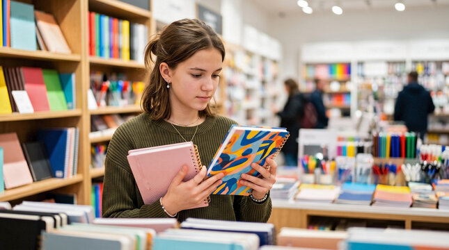 Teenage girl choosing between colorful notebooks in a modern stationery store. Young female student shopping for back to school supplies. Customer comparing items