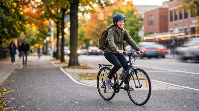 Teenage girl riding a bicycle to school on a city bike path. Happy student commuting with backpack and helmet in autumn