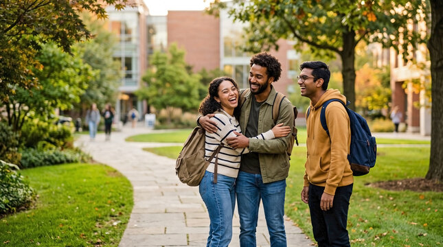 Three diverse university students meeting again after summer vacation. Happy friends hugging in a green campus courtyard