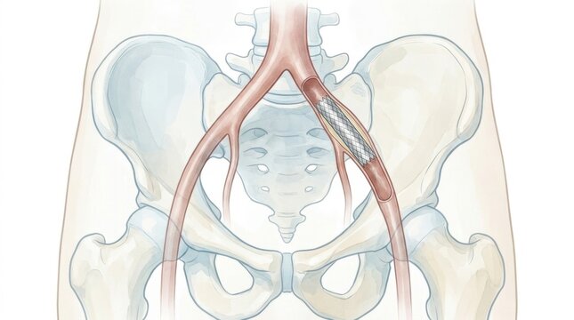 Illustration of iliac artery stent placement for treating vascular disease