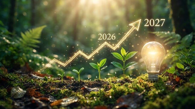 Growth forecast chart with futuristic plants and glowing sunburst for 2026-2027 targets