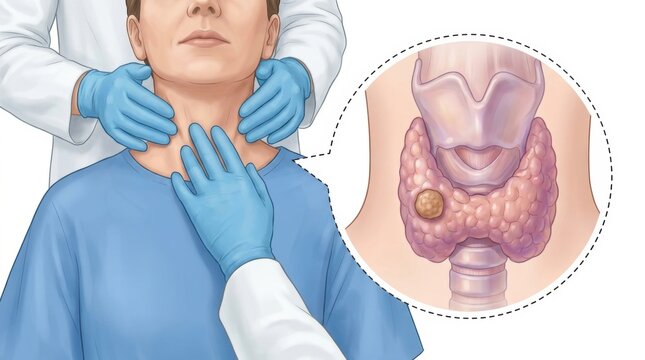 Doctor examines patient's neck, showing a close-up of a thyroid nodule