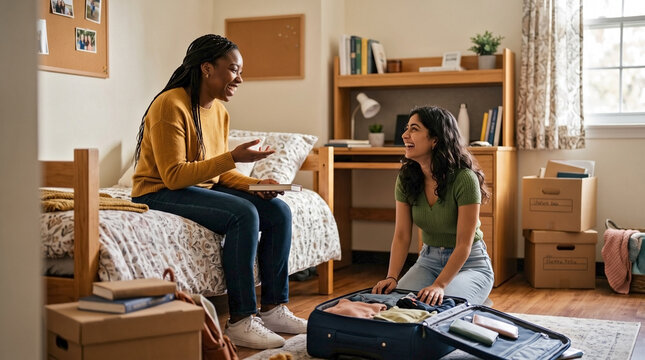 Two female college roommates getting acquainted in a bright dorm room. Diverse university students unpacking personal belongings and laughing