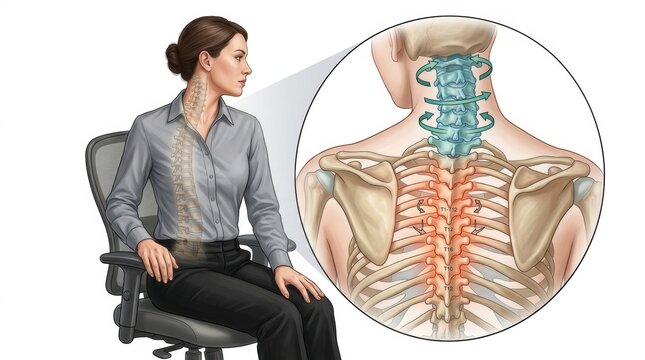Woman demonstrating spinal mobility exercises while seated in an office chair